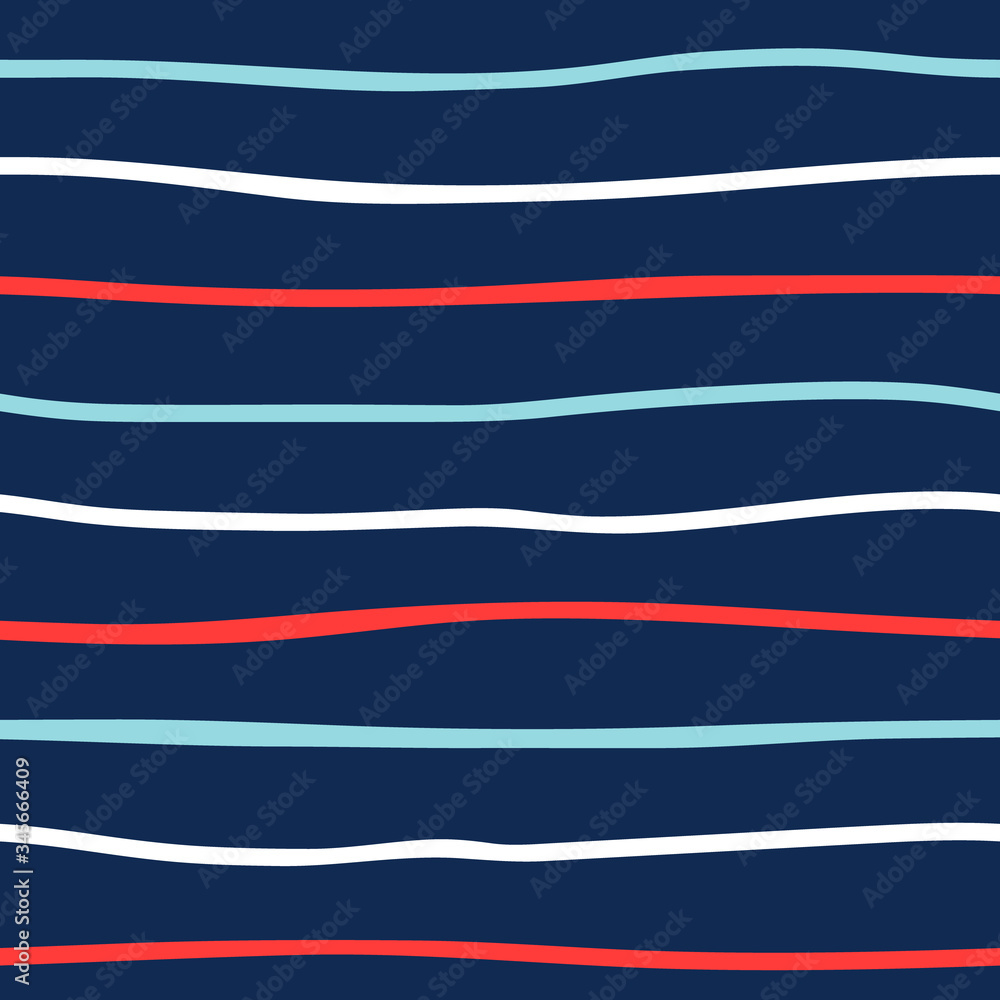 Fototapeta premium Morskie morskie bezszwowe wzór z niebieskimi, czerwonymi i białymi falami lub zakrzywione paski. Wektor