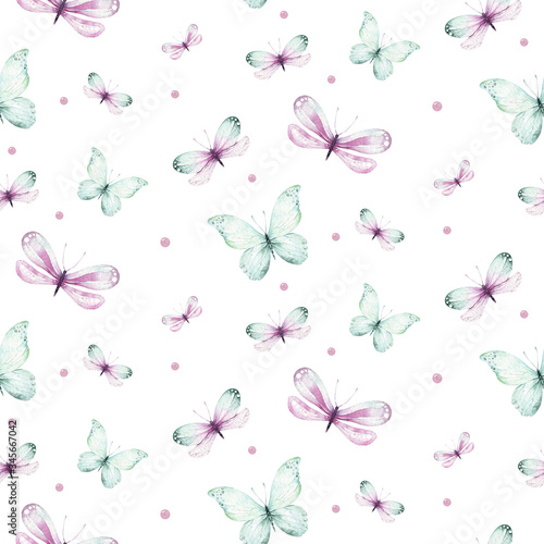 Watercolor colorful butterflies, butterfly, bugs seamless pattern on white background. blue, yellow, pink and red butterfly spring illustration. © kris_art