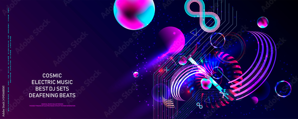 Dark retro futuristic art neon abstraction background cosmos new art 3d starry sky glowing galaxy and planets blue circles