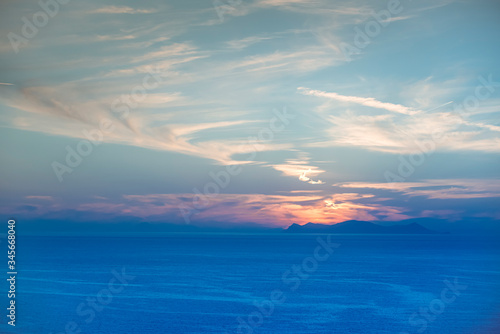 Sunset on Santorini island in Greece. Closed season 2020. 