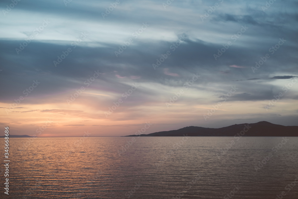 Sunset in the sea. Greece. Closed season 2020. 