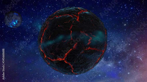 Space background. Dead planet covered with cooled lava and red lava rivers