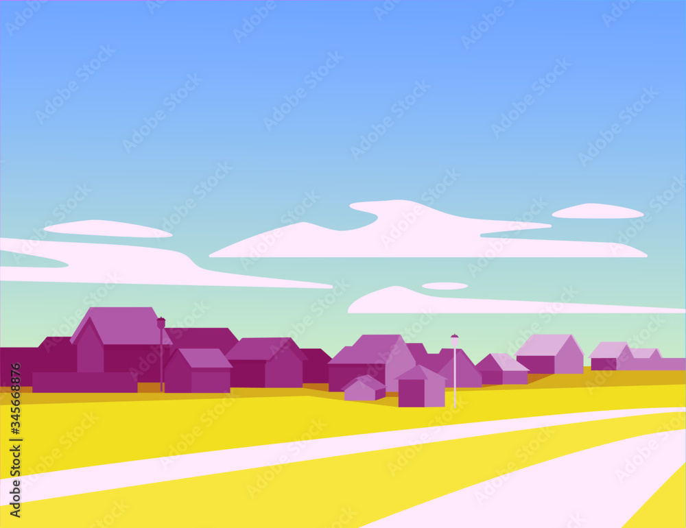 Naklejka premium Vector cartoon illustration with yellow fields and houses, blue sky and clouds, summer village. Modern flat landscape illustration. For book, poster, covers design, web banners.