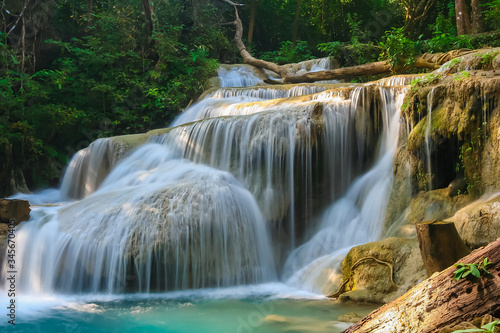 The beautiful Erawan cascade waterfall with turquoise water like heaven at the tropical forest  Kanchanaburi Nation Park  Thailand