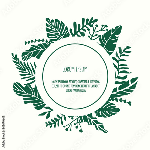 Vector template with round frame for text and tropical leaves around frame isolated on white background. Cartoon scandinavian style. Minimalistic template for wedding decor, greeting card, postcard.