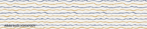 Seamless french farmhouse wavy stripe border pattern. Provence linen shabby chic style banner. Hand drawn rustic texture. Yellow blue background. Interior edging bordure. Striped textile ribbon trim