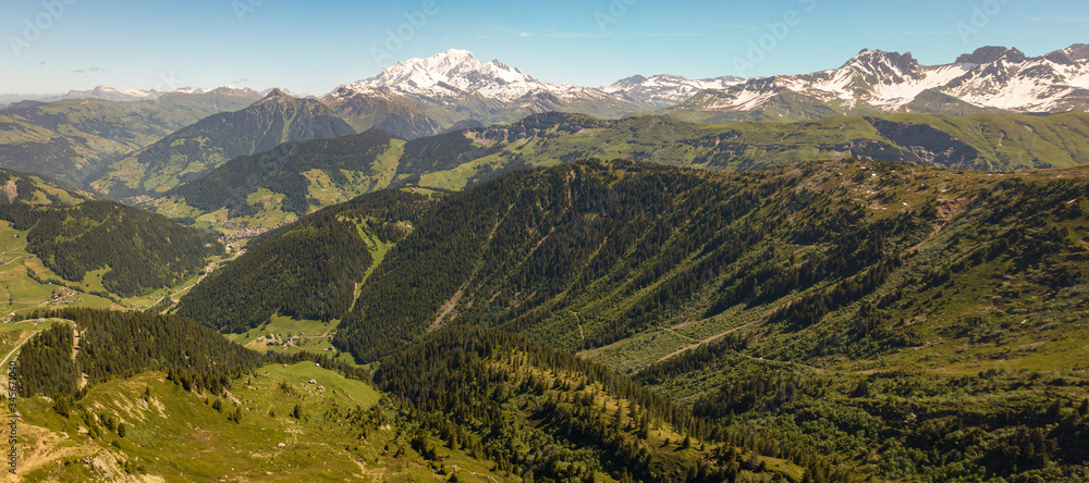 Panorama view of valley and mountains in French Alps