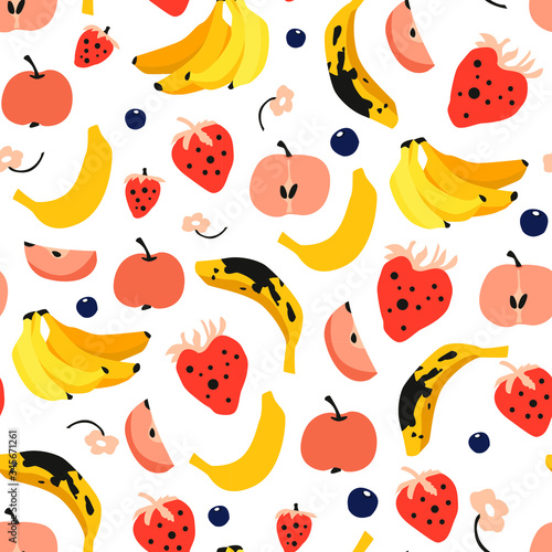 Vector seamless pattern with tropical fruits and berries on white background. Colorful cartoon texture for kitchen textile design  menu background  covers  summer wallpaper.