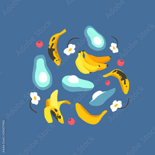 Vector cartoon set with colorful tropical fruits, banana, avocado and flowers isated on blue background. Modern flat clip art. Vector icons for web banners design, covers, vegan market package. photo