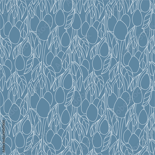 Vector seamless pattern with branches with avocado on blue background on doodle linear style. Modern minimalistic botanical pattern. Texture with white linear branches of avocado tree with leaves.