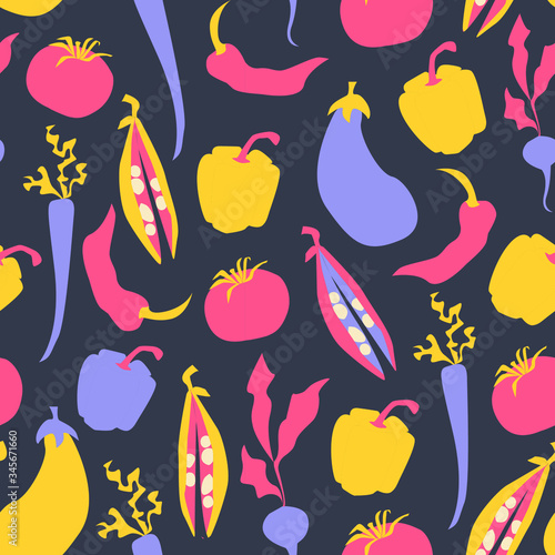 Vector seamless pattern with colorful vegetables on dark background. Modern colorful texture for kitchen textile design, menu, branding, wallpaper. Hand draw cartoon style.