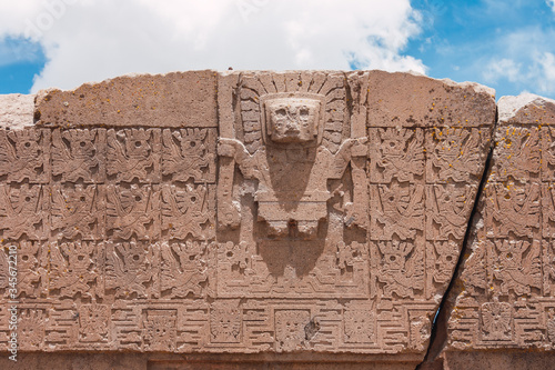 detail of the reliefs of the Sun Gate in the archaeological site of Tiwanaku, Bolivia