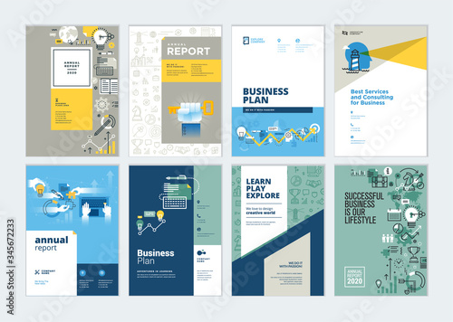 Set of brochure, annual report, business plan cover design templates. Vector illustrations for business presentation, business paper, corporate document, flyer and marketing material.
