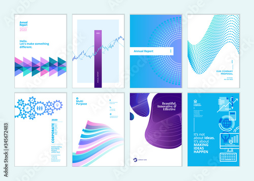 Set of brochure, annual report, business plan cover design templates. Vector illustrations for business presentation, business paper, corporate document, flyer and marketing material.