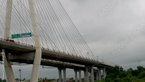 The ship passes under the cable-stayed bridge in St. Petersburg