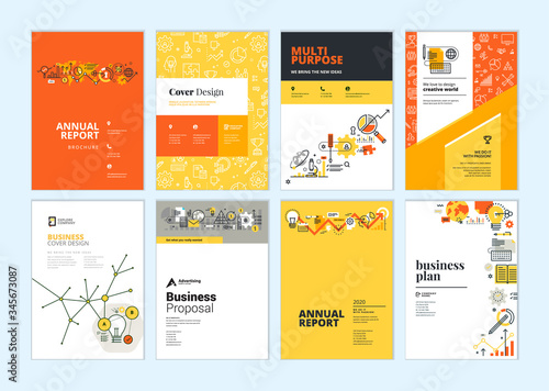 Set of brochure, annual report, business plan cover design templates. Vector illustrations for business presentation, business paper, corporate document, flyer and marketing material.