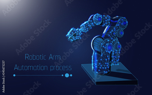 Automated robotic arm, Mechanical hand. Industrial robot manipulator. Modern industrial technology. illustration, dark blue background, Vector illustration, plexus,triangle,low poly,dot,wireframe