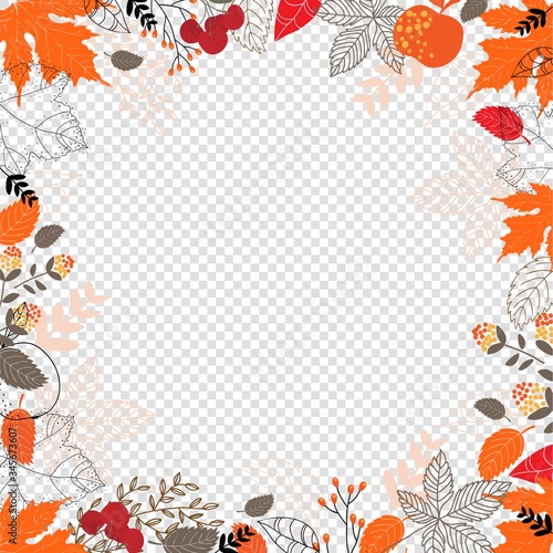 Vector background with red, orange, brown and yellow falling autumn leaves, isolated on transparent background