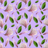 Seamless pattern with blooming magnolia flowers and leaves. Watercolor illustration. Pattern on lilac background for your design, wrapping paper, fabric, background