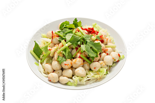 Meatball salad in white plate on white background. thai food.