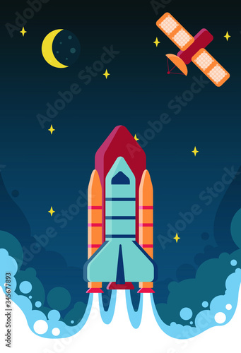 Flat rocket launch and smoke. Startup project vector illustration. Sky with clouds  planets  stars and satellites. Concept for web or business start up.