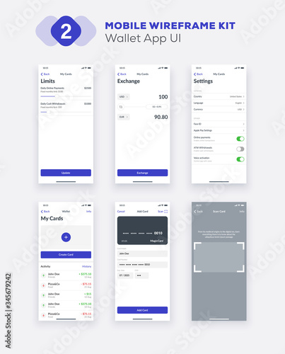 Wireframe UI kit for smartphone. Mobile App UX design. New OS wallet, credit card, finances, currency exchange, add new card, scaning, limits and settings screens.
