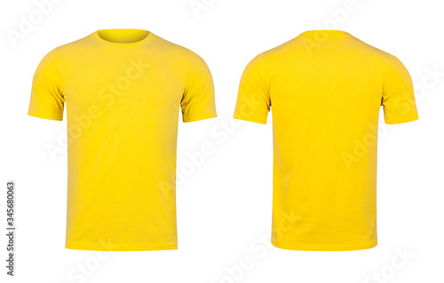 Yellow T-shirts front and back on white background.