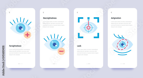 Ophthalmology thin line icons set: laser eye surgery, astigmatism, farsightedness, nearsightedness. Vector illustration, template with copy space.