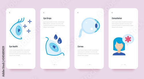 Ophthalmology mobile user interface with flat icons: eye health, eye drops, cornea, medical consultation. Vector illustration, template with copy space.