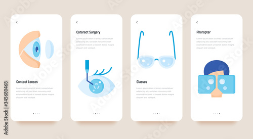 Ophthalmology mobile user interface with flat icons: cataract eye surgery, contact lenses,  eyeglasses, phoropter. Vector illustration, template with copy space.