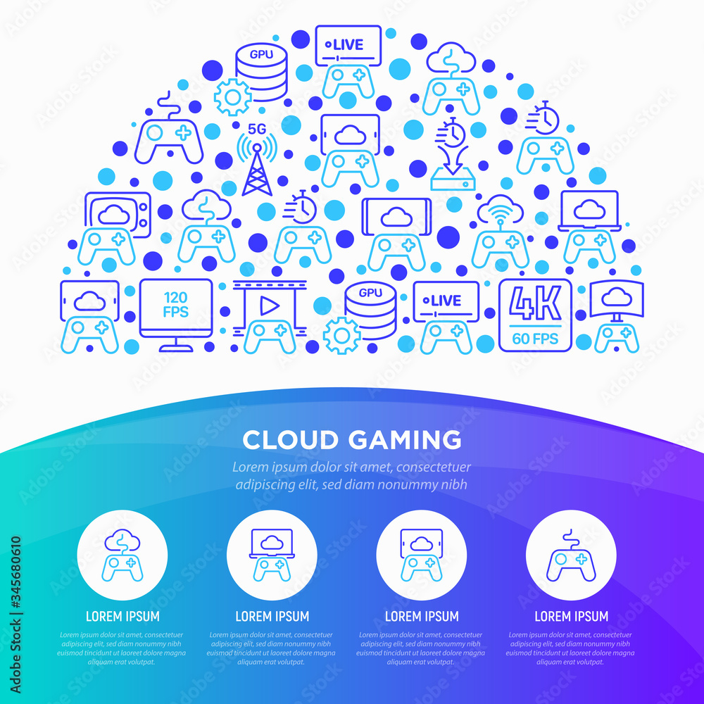 Cloud gaming concept in half circle with thin line icons play on laptop, 120 FPS, low-latency gameplay, gamepad, wi-fi, live streaming, game controller, 5G technology
