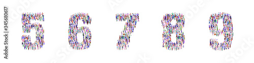 A group of people standing together in numbers 0-9. High angle view or top view image. Vector illustration. Isolated, white background.