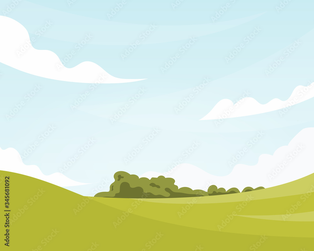 Naklejka premium Summer fields landscape with blue sky and clouds. Vector background in flat cartoon style.