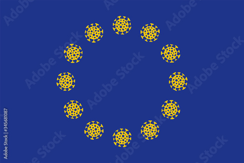 Flag of EU with coronavirus bacteria.