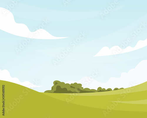 Summer fields landscape with blue sky and clouds. Vector background in flat cartoon style.