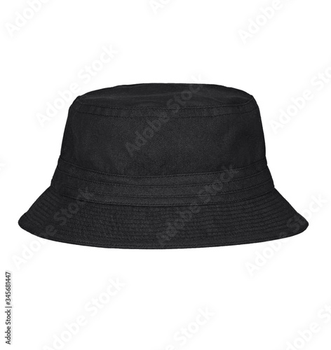 Black bucket hat on white background.