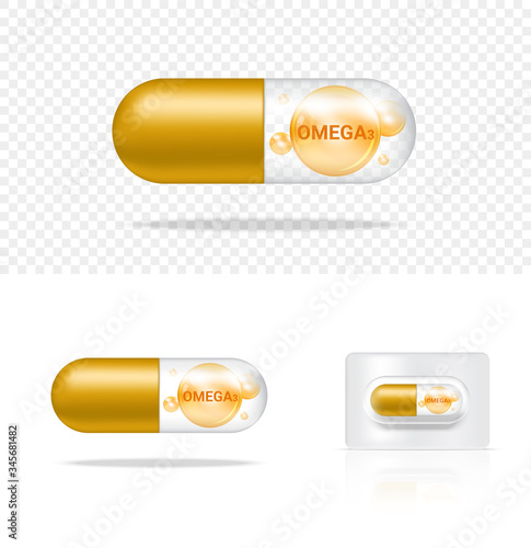 Mock up Realistic Transparent Pill Vitamin Omega3 Medicine Capsule Panel on White Background Vector Illustration. Tablets Medical and Healthcare Concept.