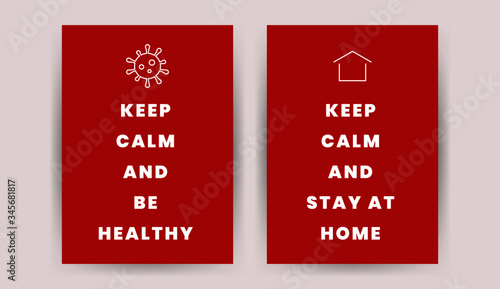 Stop Coronavirus posters. Keep calm sign stay home be healthy design templates. Quarantine banners, vector illustration