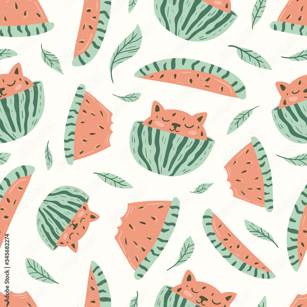 Watermelon fruit seamless pattern in hand-drawn style. Vector repeat background for colorful summer fabric. Watermelon fruit seamless pattern in hand-drawn style. Vector repeat background for colorful summer fabric.