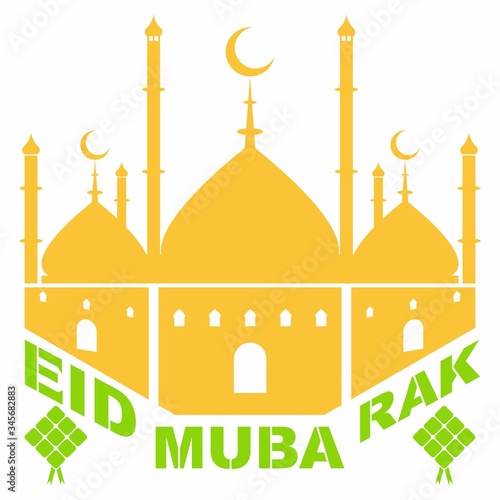 Eid Mubarak logo vector template design, domes of Mubarak mosque with gold background color