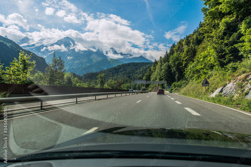 Car Driver View Of Highway And Mountains In Chamonix France