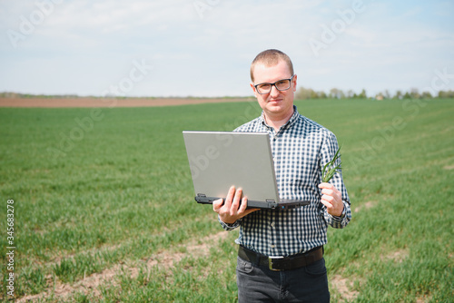 farmer standing in a wheat field and looking at laptop, are examining corp. Young handsome agronomist. Agribusiness concept. agricultural engineer standing in a wheat field