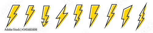 Lightning icons set. Thunder and Bolt. Flash icon. Lightning bolt. Black and yellow silhouette. Vector Illustration.