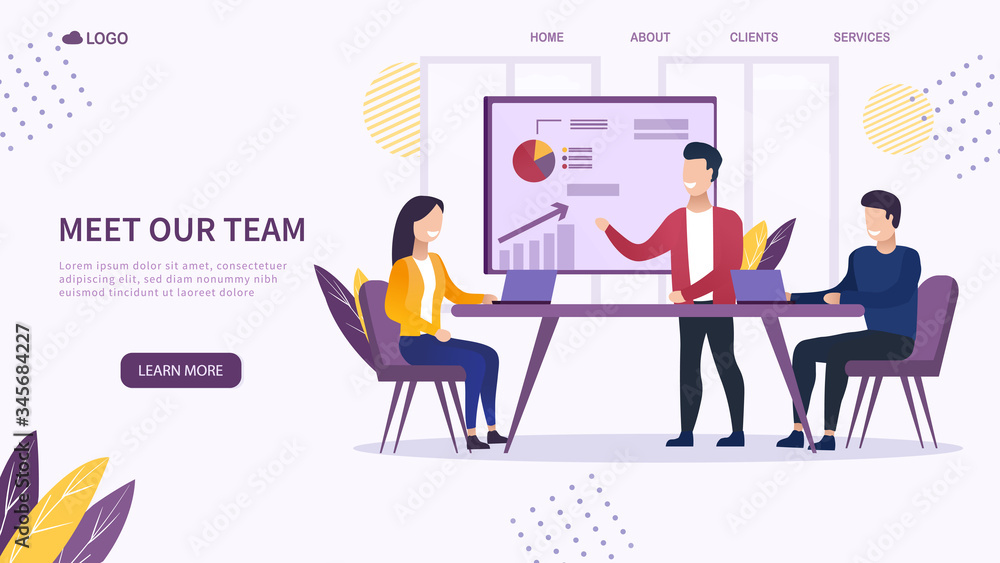 Office workflow concept. Business meeting. Presentation and discussion of the project. The decision making process. Office situation to discuss the decision. Creative web banner, marketing materials.