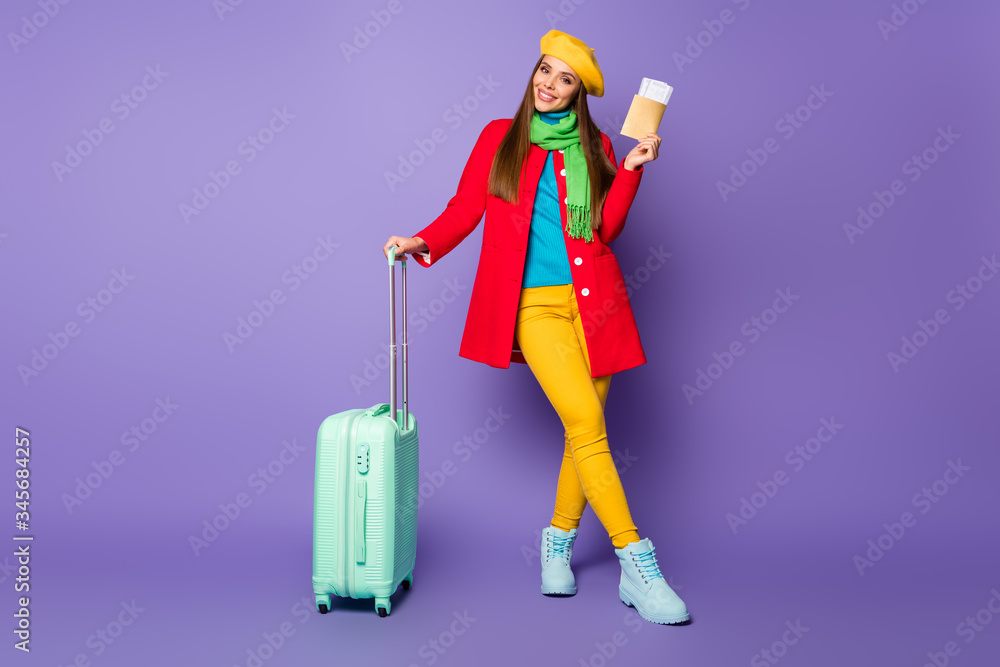 Full length body size view of her she nice-looking attractive lovely pretty cheerful straight-haired girl holding in hands document bus stop isolated on lilac purple violet pastel color background Full length body size view of her she nice-looking attractive lovely pretty cheerful straight-haired girl holding in hands document bus stop isolated on lilac purple violet pastel color background