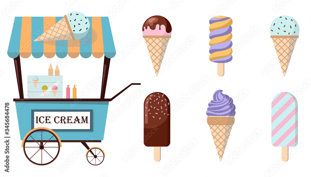 Set of ice-cream icons and ice-cream shopping cart. Collection of trendy flat illustrations. Amusement park concept. - obrazy, fototapety, plakaty 