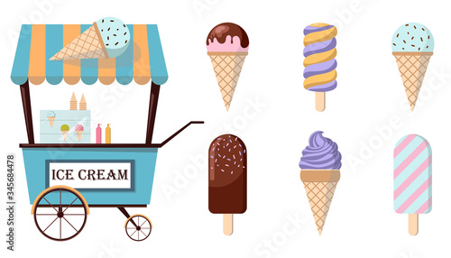 Set of ice-cream icons and ice-cream shopping cart. Collection of trendy flat illustrations. Amusement park concept.