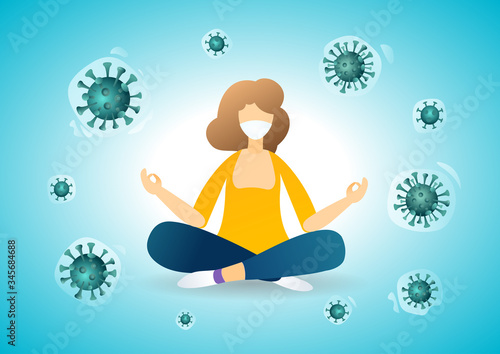 Woman doing meditation, stay in peaceful state at home. Girl in self isolation quarantine during coronavirus epidemic. Epidemic MERS-CoV virus 2019-nCoV. Vector illustration on blue background.