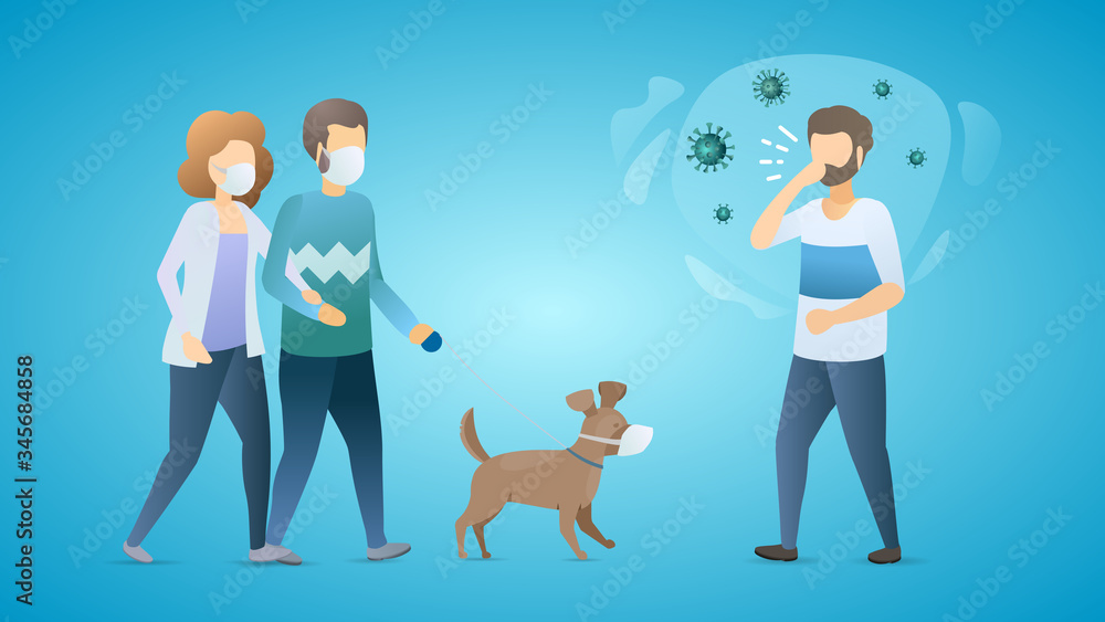 Young couple walking with dog and wearing medical masks to protected from viruses or coronavirus. Infected man and danger situation. Epidemic MERS-CoV virus 2019-nCoV. Vector flat illustration concept