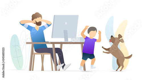 Tired father working from home with son and dog. Stay at home and social distancing to avoid virus pandemic spreading. Social isolation. Epidemic MERS-CoV virus 2019-nCoV. Vector flat illustration.
